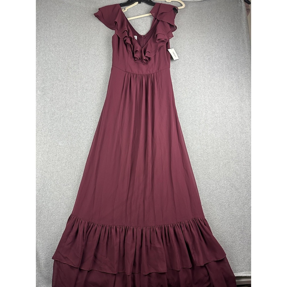 DB Studio Dress Womens 4 Wine Ruffle V Neck Tiered Maxi Flutter Sleeve Boho NWT